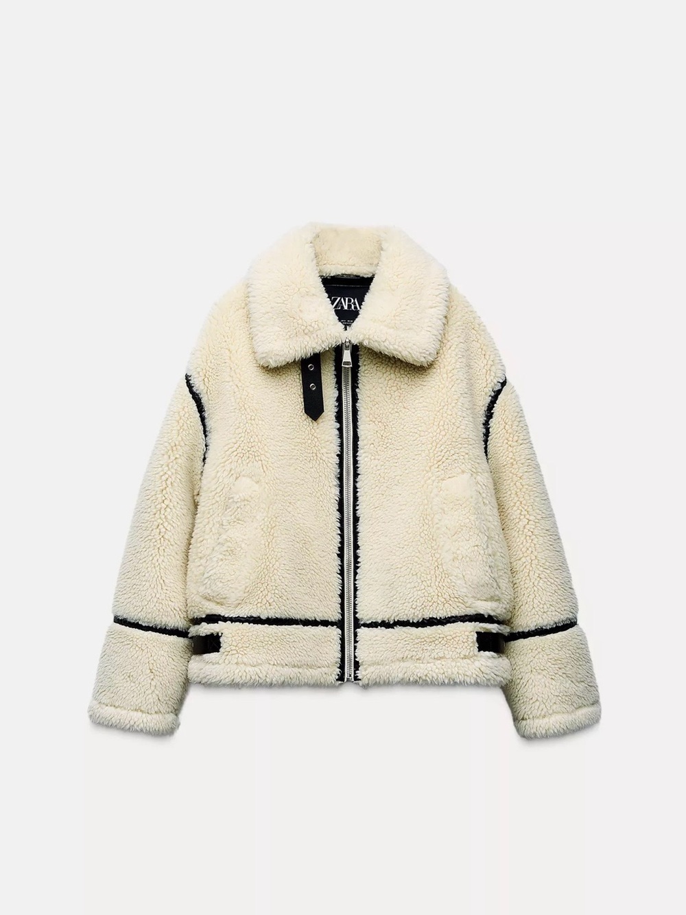 Zara Cream Teddy Sherpa Jacket with Black Contrast Trim